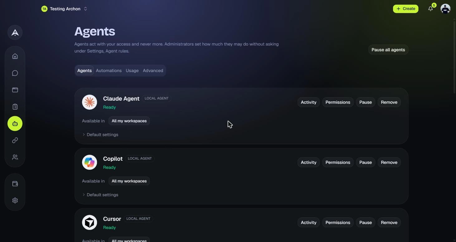 The Agents page listing three local agents, each marked Ready, with Activity, Permissions, Pause and Remove controls.