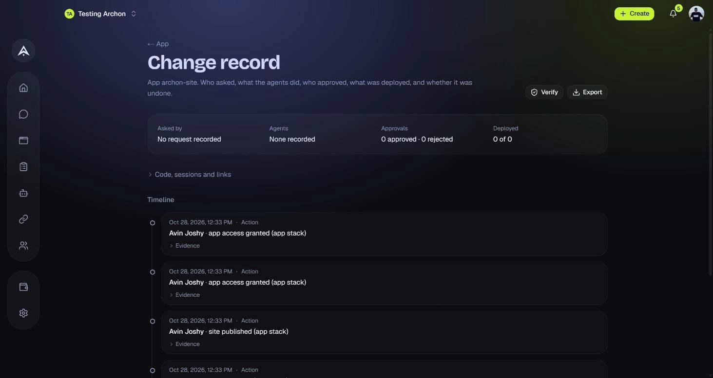 A change record for an app: who asked, agents, approvals and deploys, followed by a timeline of recorded actions.