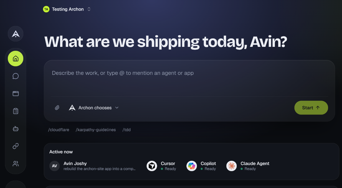 The Archon home screen: a composer asking what we are shipping today, with the team's agents shown as ready.